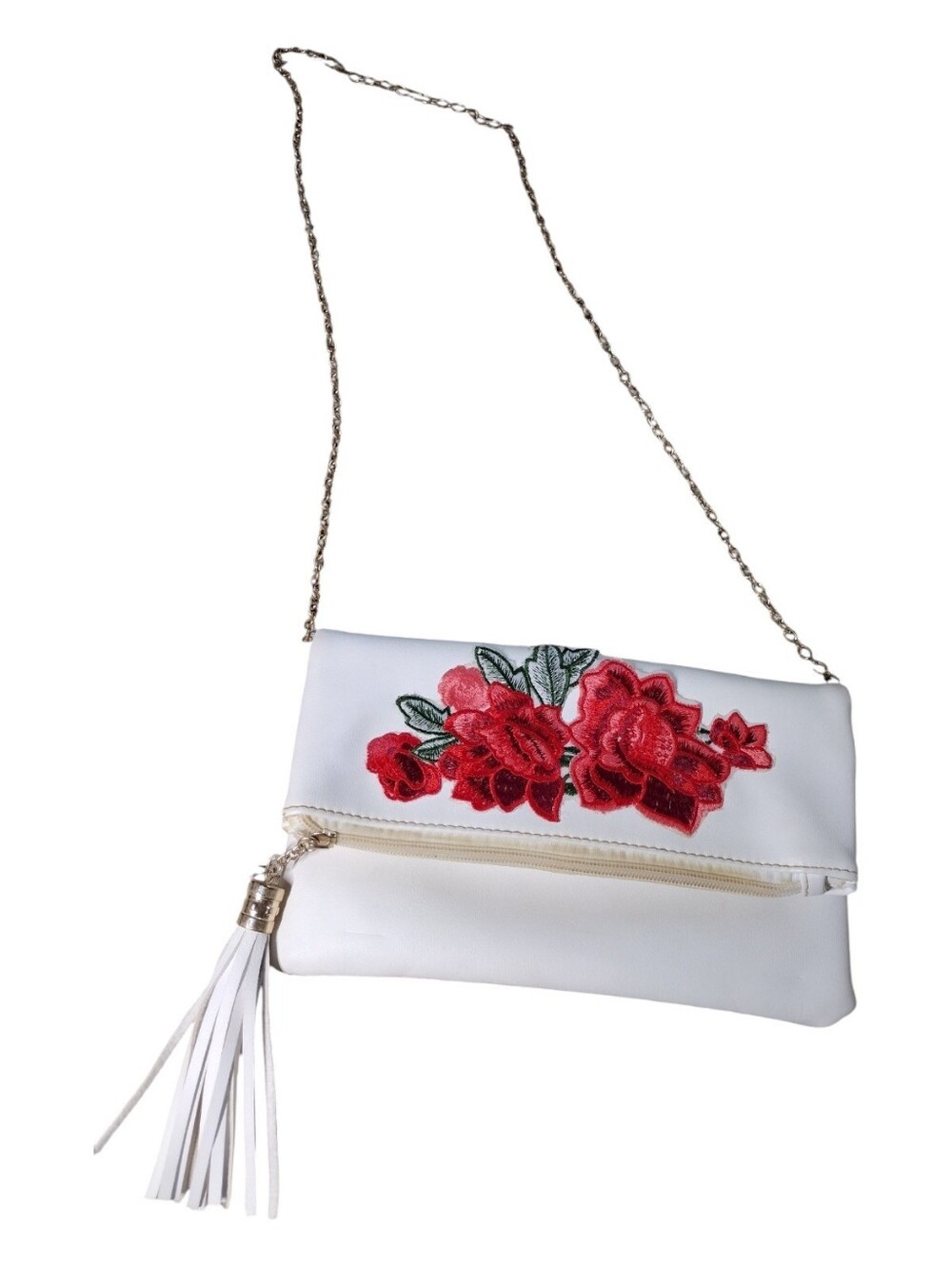 White Floral Embroidered Chain Strap Crossbody Bag